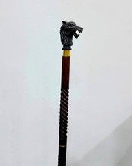 Walking Cane/Axe Handle Design, Black Metal Head, Gold Accent Band Walking Stick