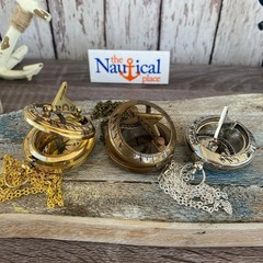 Brass Sundial Compass w/ Push Button & Hinged Lid, Pocket Style, Set 3
