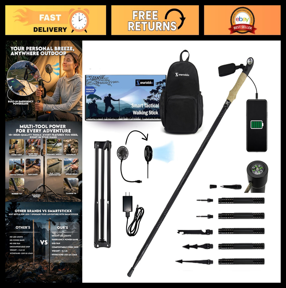 Collapsible Tactical Walking Stick with LED Light & USB Charging – Heavy-Duty Hi