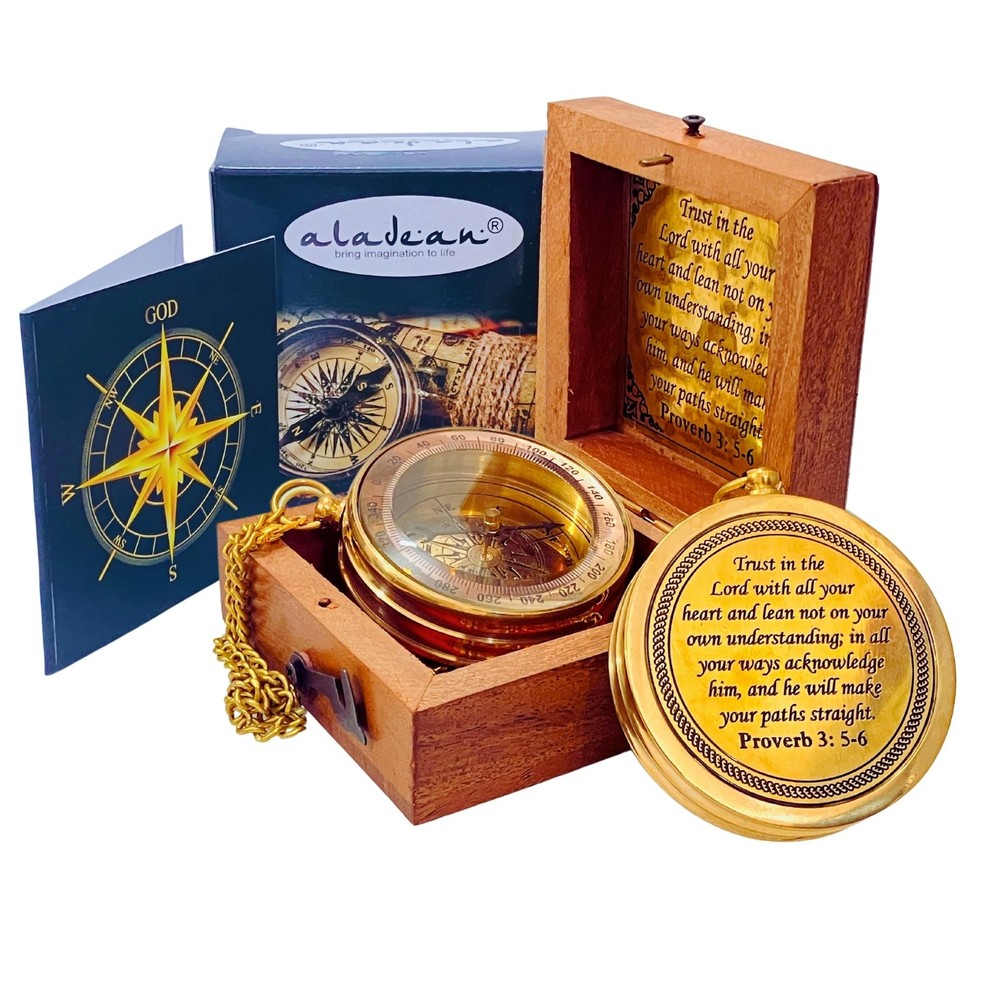 Trust in The Lord – Proverbs 3: 5-6 Engraved Compass, 2 Inch, Rustic Brass