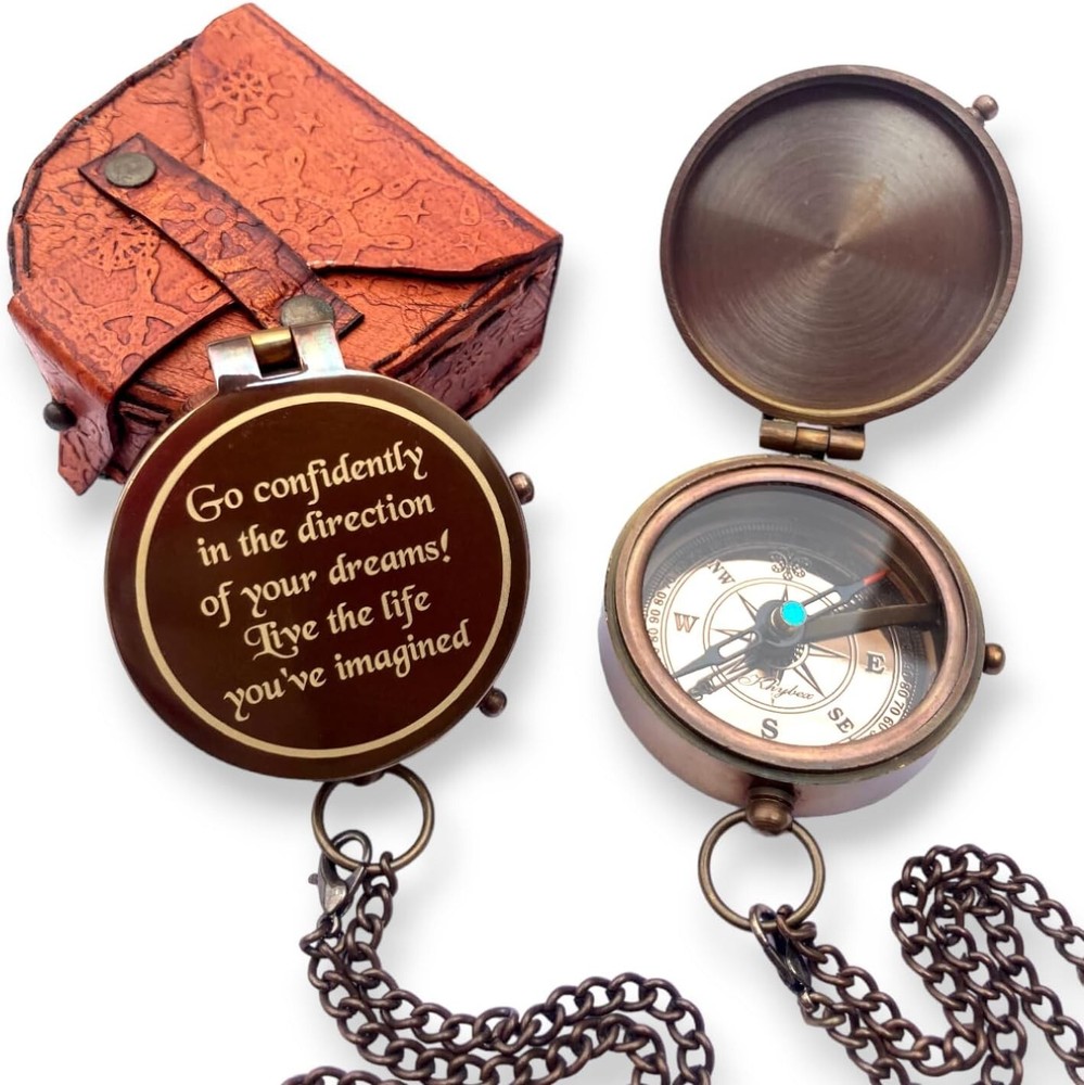 Thoreau’s Go Confidently Quote Engraved Compass with Stamped Leather case Gift.