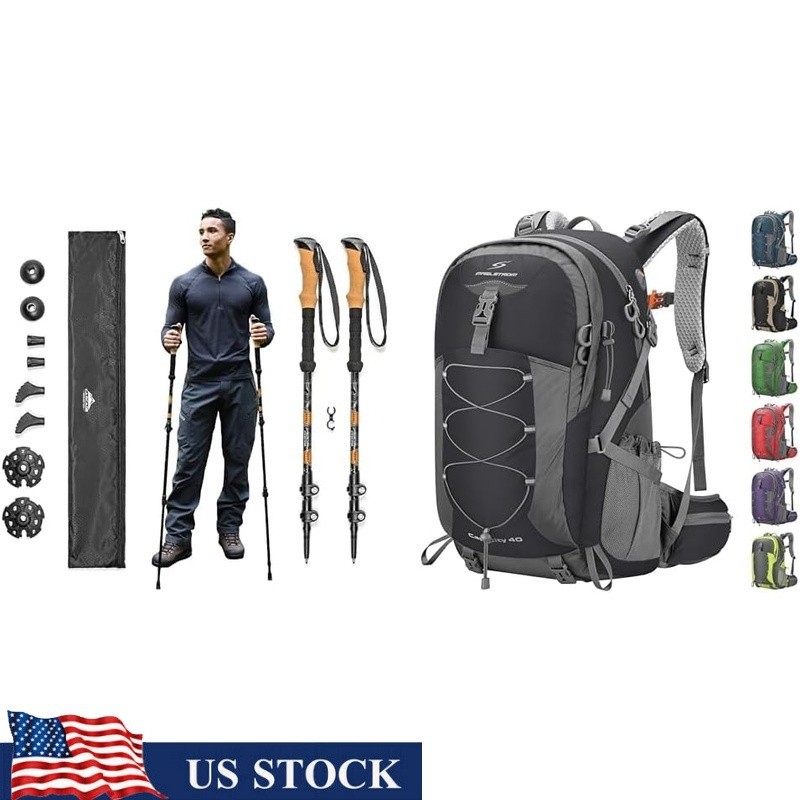 Durable Aluminum Trekking Poles Adjustable 26-54 inch W/ Backpack Waterproof 40L
