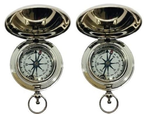 Vintage Brass 2″ Push Button Pocket Compass Set of 2 with Leather Case