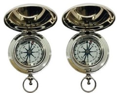 Vintage Brass 2″ Push Button Pocket Compass Set of 2 with Leather Case