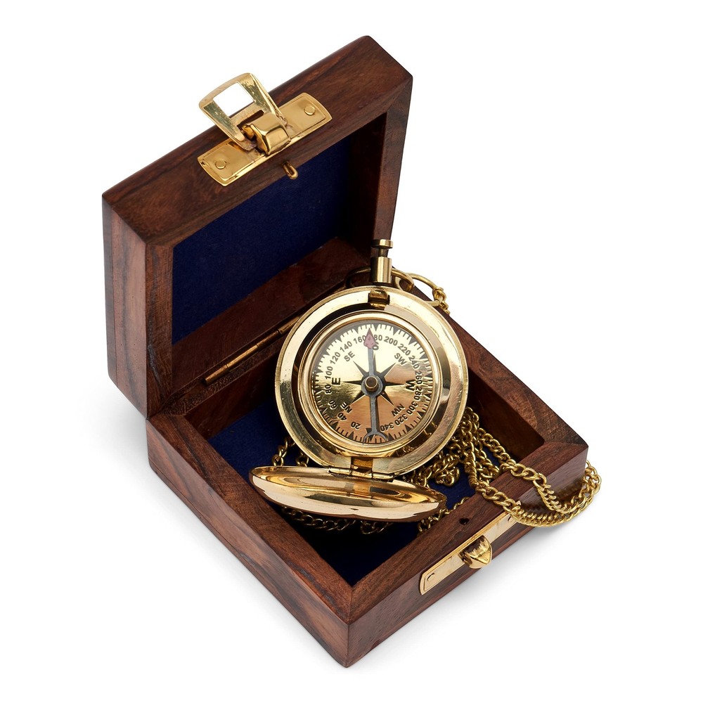 5cm Compass Pocket Watch Shape Brass in Wooden Box Bearing Compass Directional Indicator…