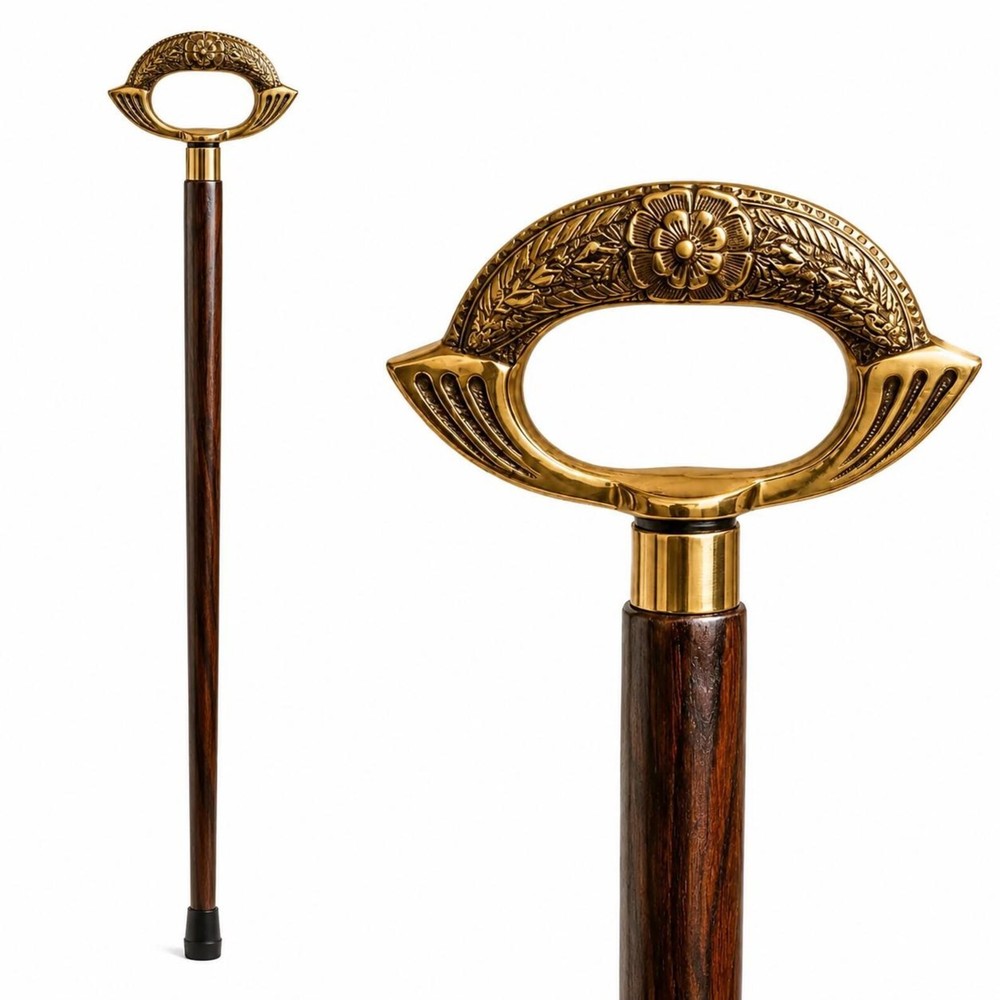 RNM Hand-Carved Hardwood Walking Cane, Brass Handle, Spiral Shaft, Vintage Style