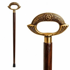 RNM Hand-Carved Hardwood Walking Cane, Brass Handle, Spiral Shaft, Vintage Style
