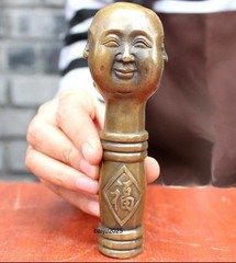 Brass Four Faced Buddha Head Walking Stick Cane Handle Top Topper Zen Decor
