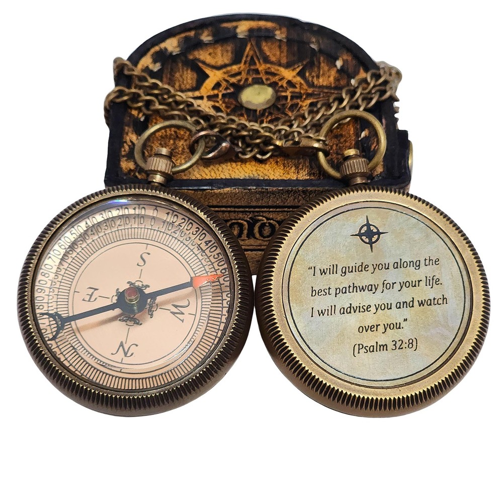 Brass Compass in Wooden & Leather Case 2025 Graduation Gift for Him, College…