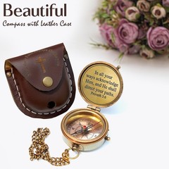 Engraved Working Compass Leather Case Religious Gift Men Women Baptism