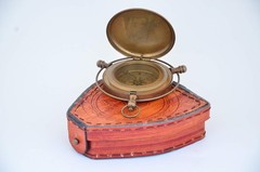 Handmade Antique Brass London Push-Button Compass with Leather Case