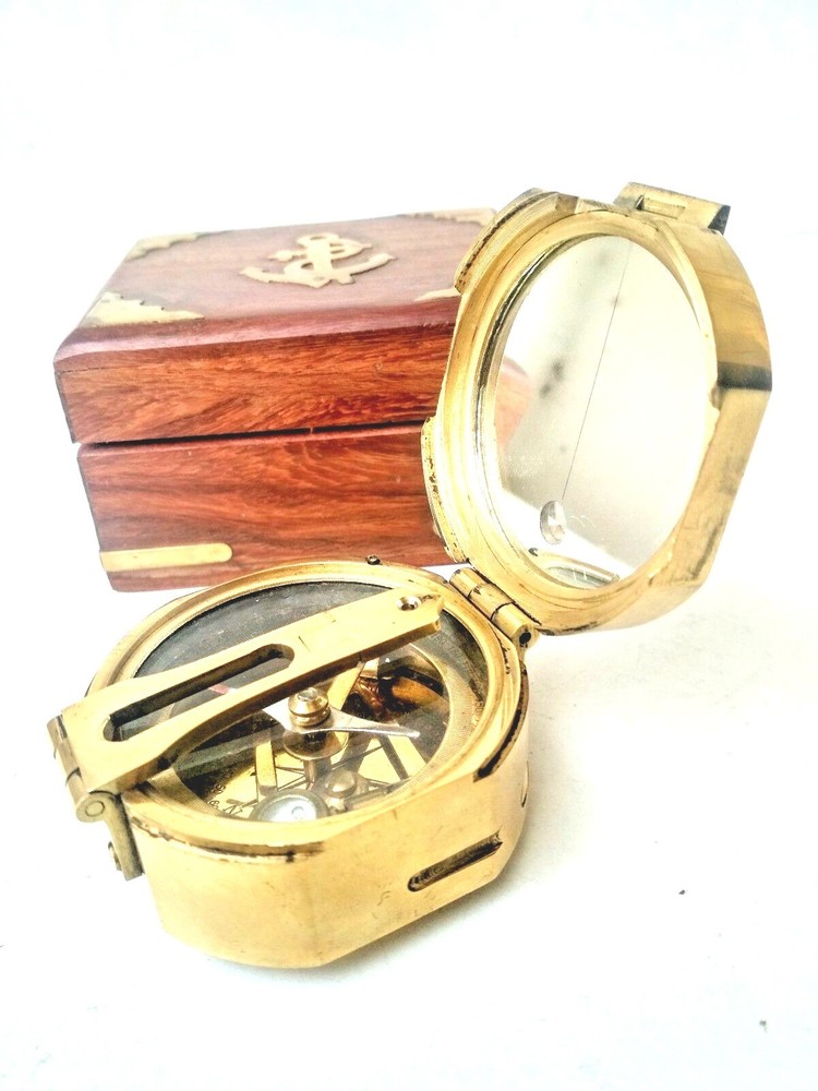 Brass Brunton Compass with wood box nautical magnetic compasses gift maritime