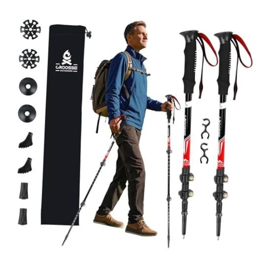 Lightweight Collapsible Trekking Poles for Hiking – 2 Pack Adjustable Red