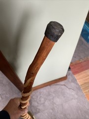Hand-Carved 37”Wooden Walking Stick Cane W/Snake Design Antler Handle