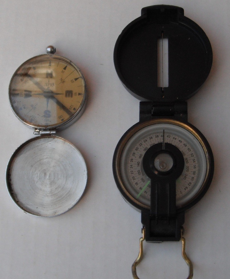 Two vintage Compasses–Japan…YCM Lensatic + Unbranded……old er