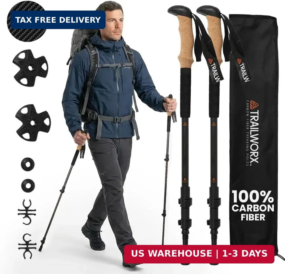 3K Carbon Fiber Trekking Poles, Collapsible Set of 2 Lightweight Adjustable Hiki