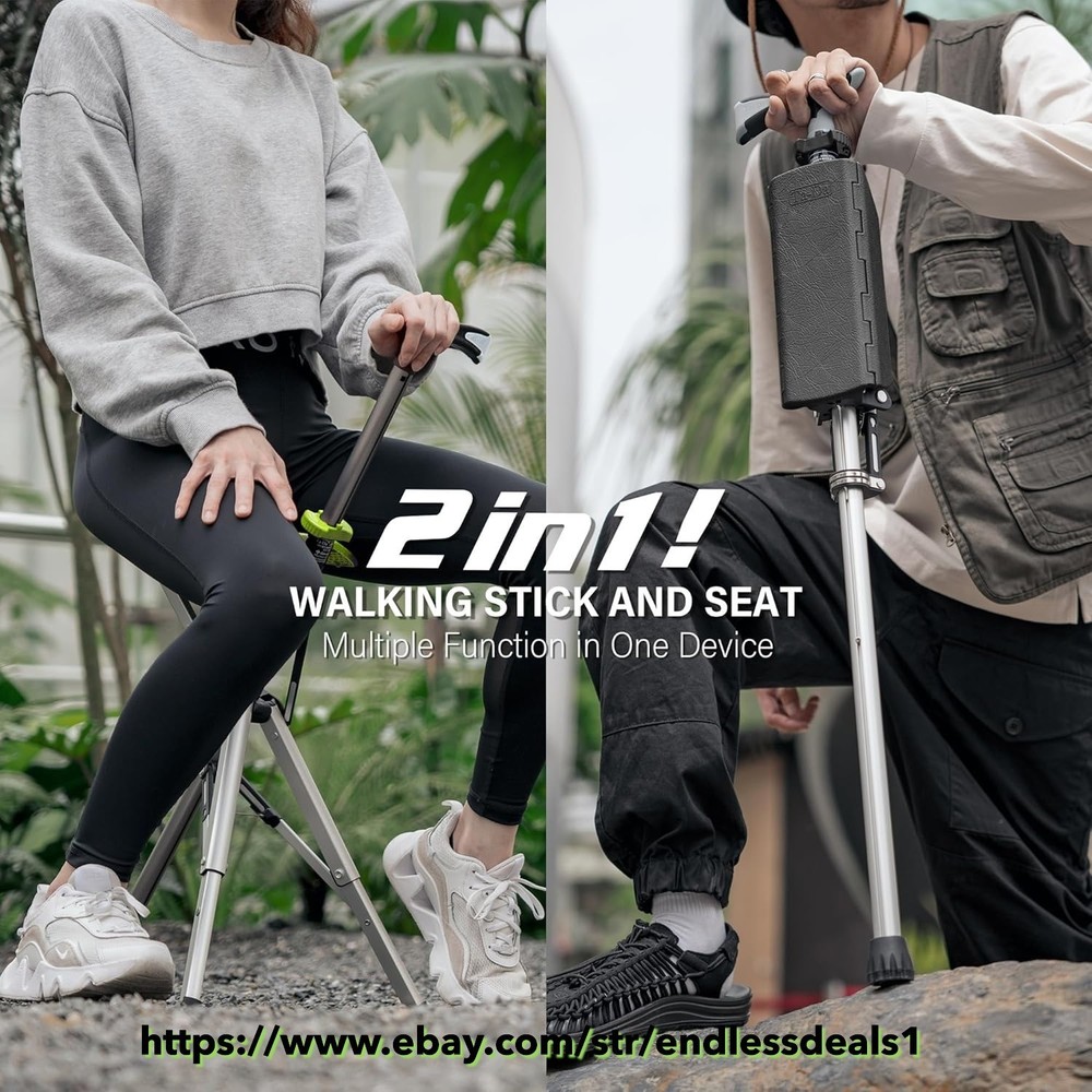 Hiking Pole, Large, 35″ Folding Walking Stick with Seat, Walking Cane, Chair,