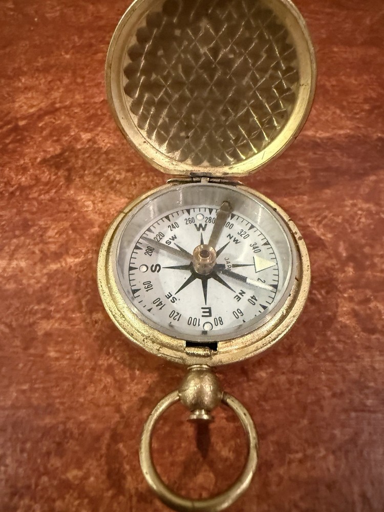 vintage brass pocket compass with hinged lid and keyring ￼
