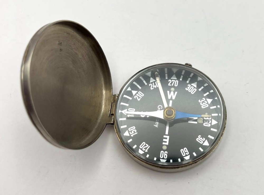 Vintage German Pocket Compass Lidded 1.75″ Black Dial Thalson Style Working