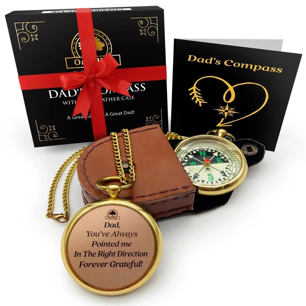 Oaki Way Dad’s Compass Pocket Compass with Chain & Leather Case New
