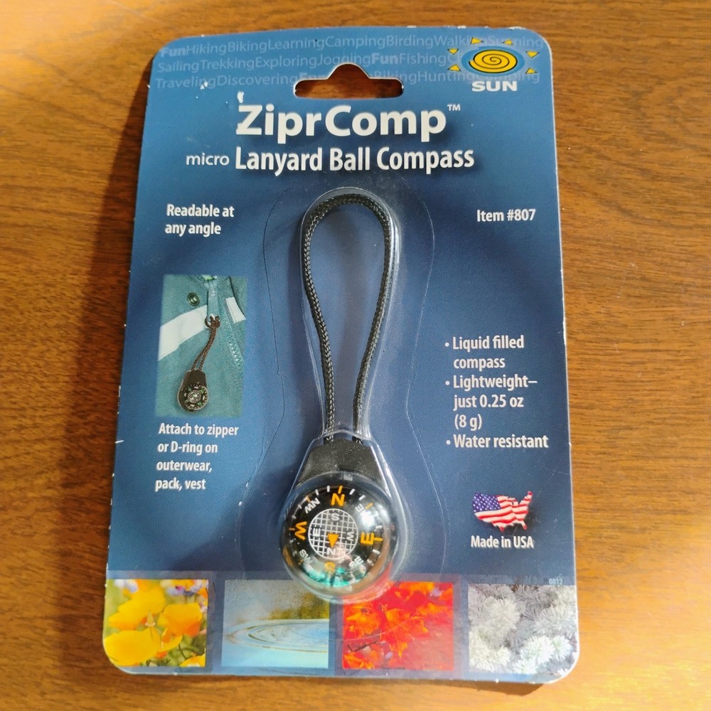Sun Company ZiprComp Micro Lanyard Ball Compass Black Made in USA NEW
