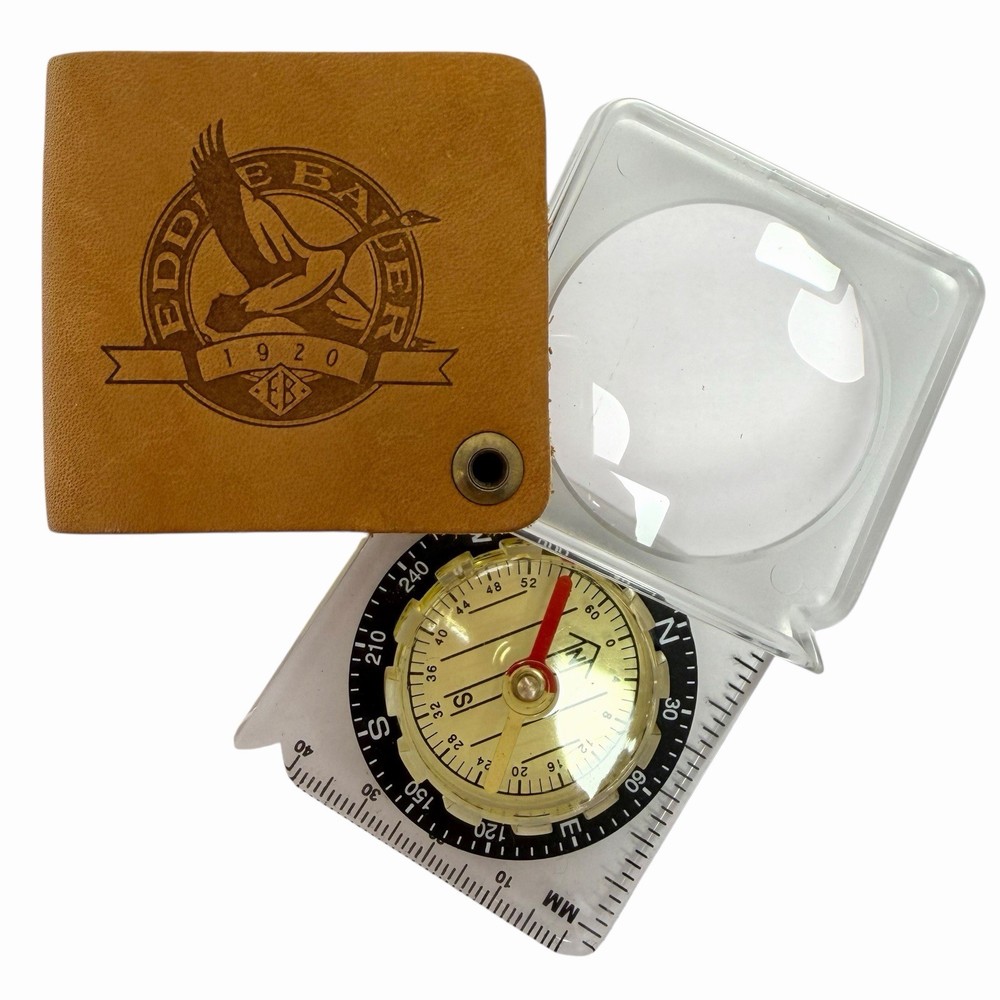 Eddie Bauer Leather Covered Compass & Magnifier 1920 Logo Outdoor Gear