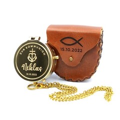 Compass Engraved Leather Case Personalised Compass Christening Gift V3