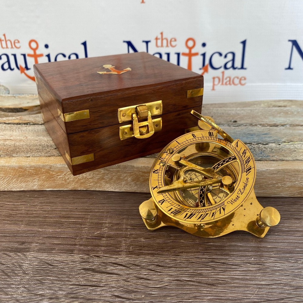 Small 2.5″ Brass Sundial Desk Compass w/ Wooden Box – Old Vintage Antique Style