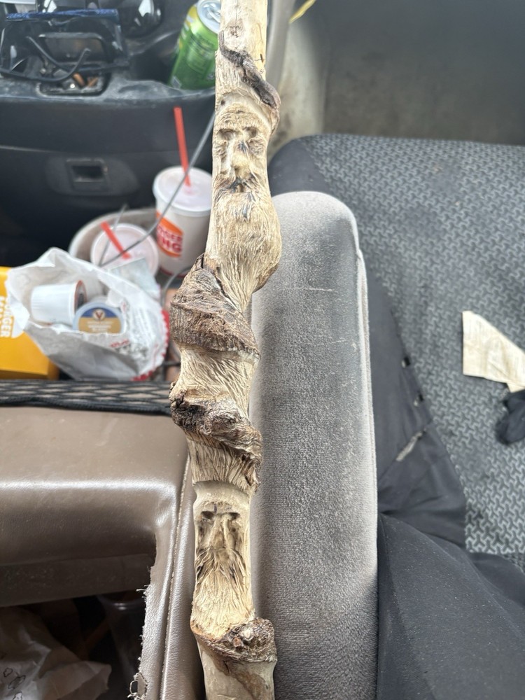 Hand-Carved Wood Walking Stick with Decorative Faces for Hiking, Beige