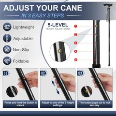 Folding Cane, 5-Level Adjustable Height Walking Stick Lightweight Black