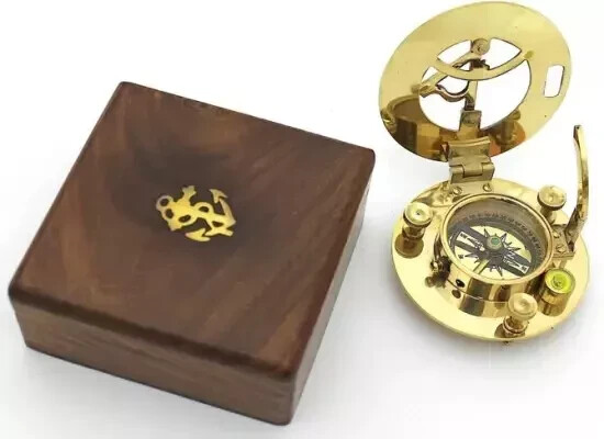 Solid Brass Sundial and Compass in Hardwood Box – Polished Brass Sundial Compass