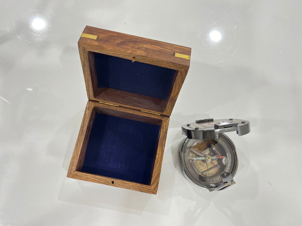 Antique Finish Solid Brass Brunton Compass in Wooden Box Maritime Nautical