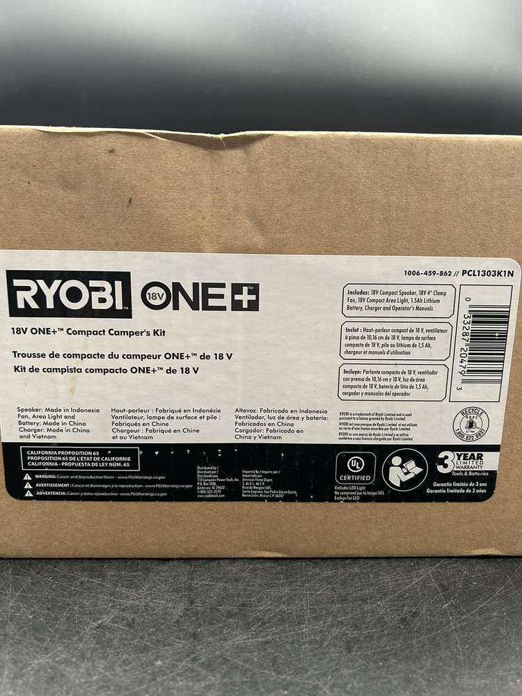 Ryobi 18-Volt ONE+ Compact Camper’s Kit – Light, Speaker, Fan, Battery, Charger