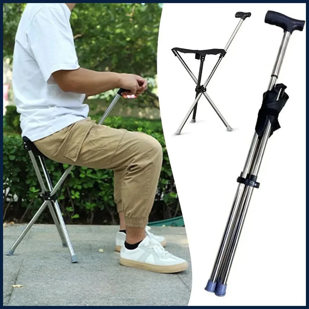 Outdoor Foldable Walking Stick Stool Lightweight Heavy Duty Steel Seat Elderly