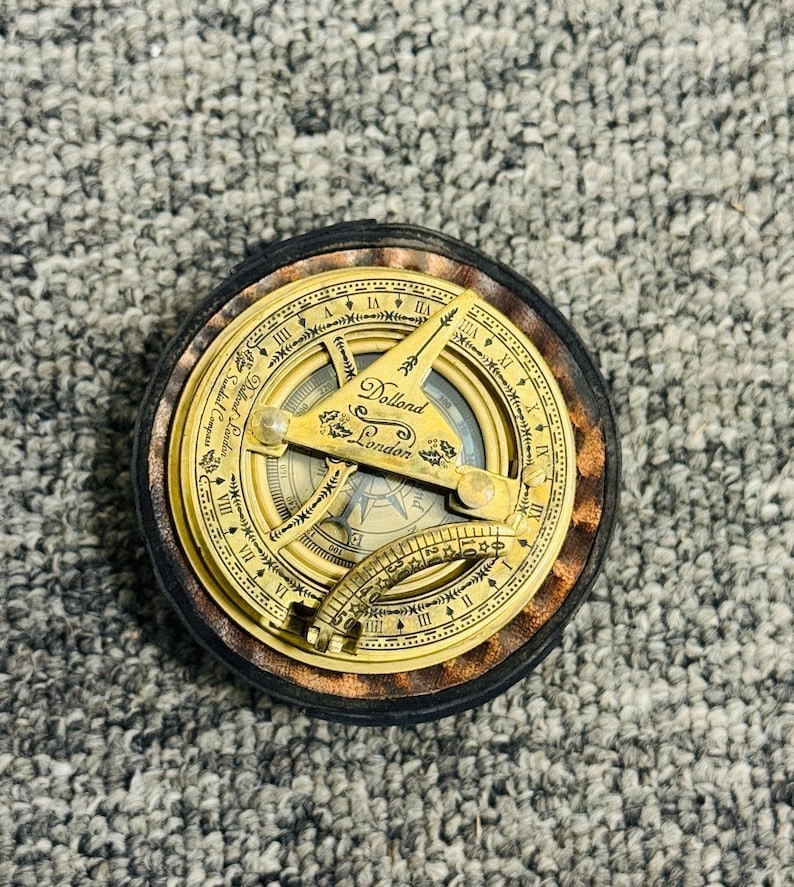 Vintage-Style Brass Sundial Compass Handmade Brass Finish With Leather Case 3″
