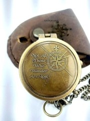 Brass Compass Unique Print Engraved Compass with Leather Case and Chain