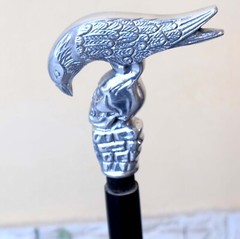 Deluxe Handcrafted Wooden Walking Cane w/ Ornamental Nickel Eagle & Skull Handle