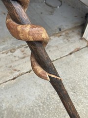 Hand-Carved Wooden Walking Stick with Snake Design, Brown, Rounded Top, Hiking