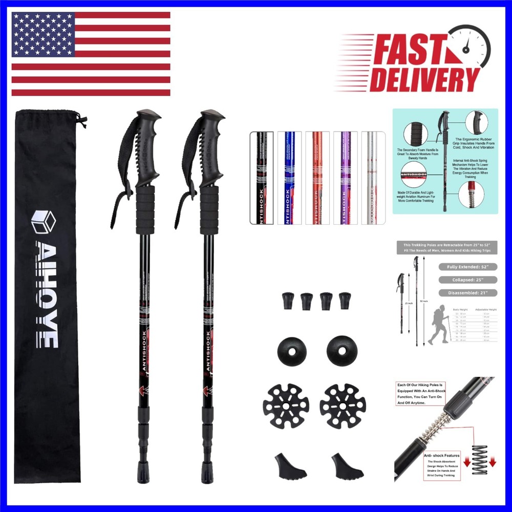 2 Pack Lightweight Hiking Trekking Poles – Adjustable 25-52, Tip Set Included