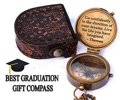Solid Brass Thoreau’s Go Confidently Quote Engraved Compass with Wooden Box,