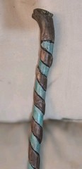 ​Custom Hand Carved Oak Cane Walking Stick Teal Spiral Petrified Wood Inlay 45″