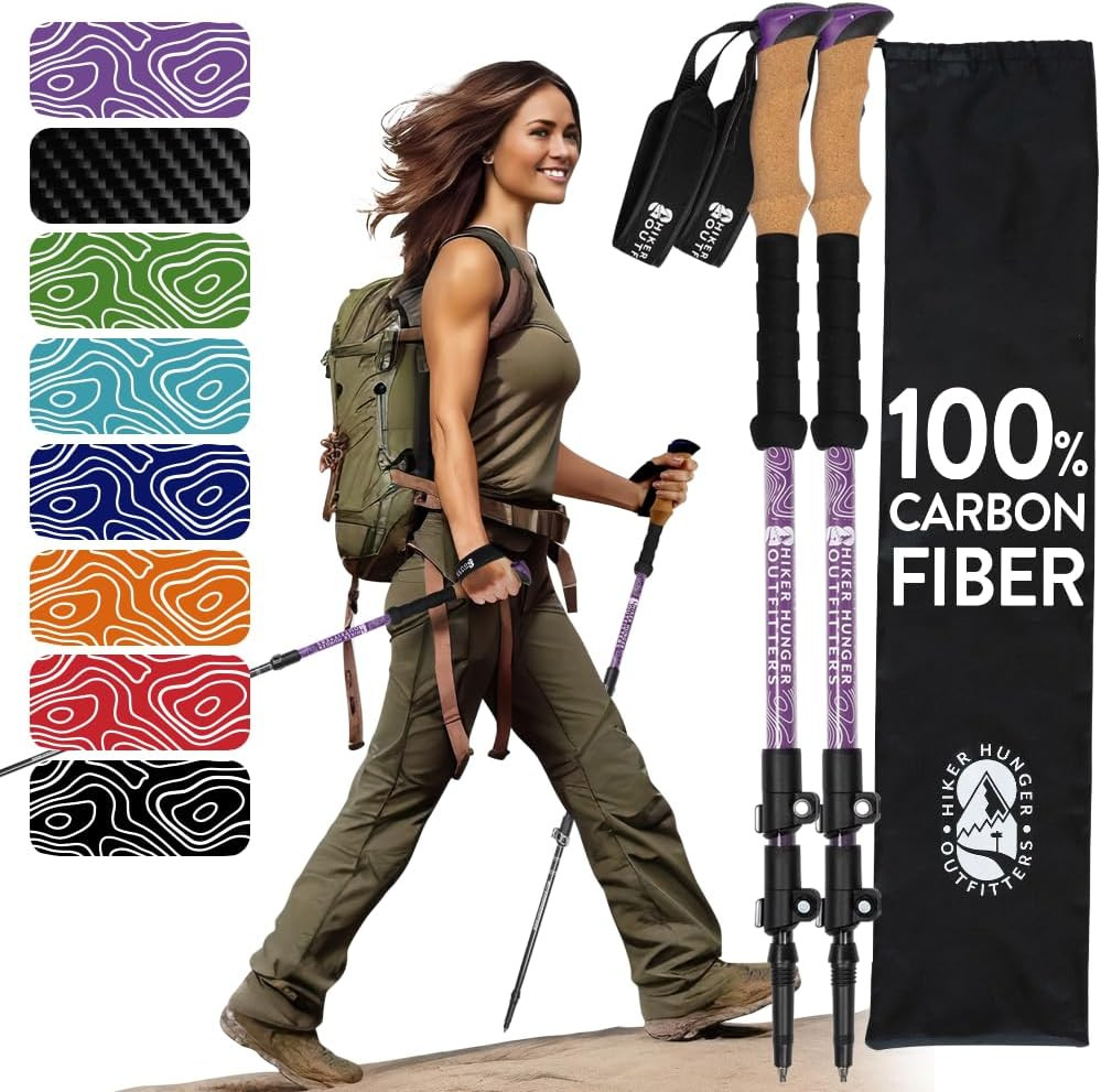 Ultra Lightweight 100% Carbon Fiber Trekking Poles with Cork Grips