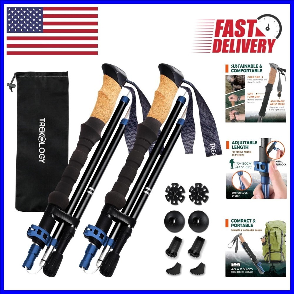 Ergonomic Trek-Z Cork Grip Hiking Poles – Compact Design, 110-130 cm Adjustable