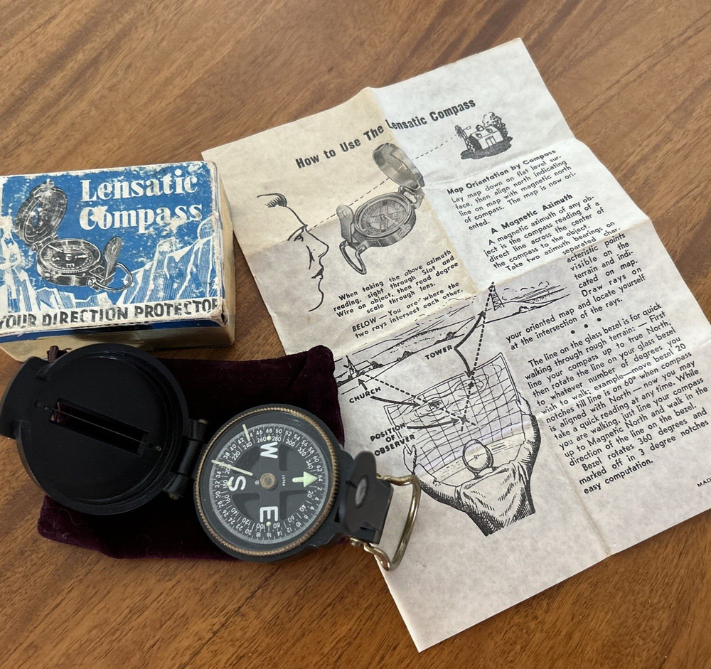 Vintage Lensatic Brass Compass -Japan Made- w case/Instructions – Vintage