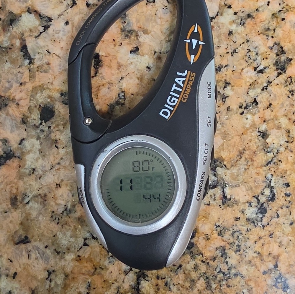 Digital Compass Carabiner Clip w/ Clock, Battery Powered, Black/Silver Hiking