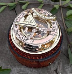 Antique Brass & Copper Sundial Compass, Sundial Clock in Leather Box Gift