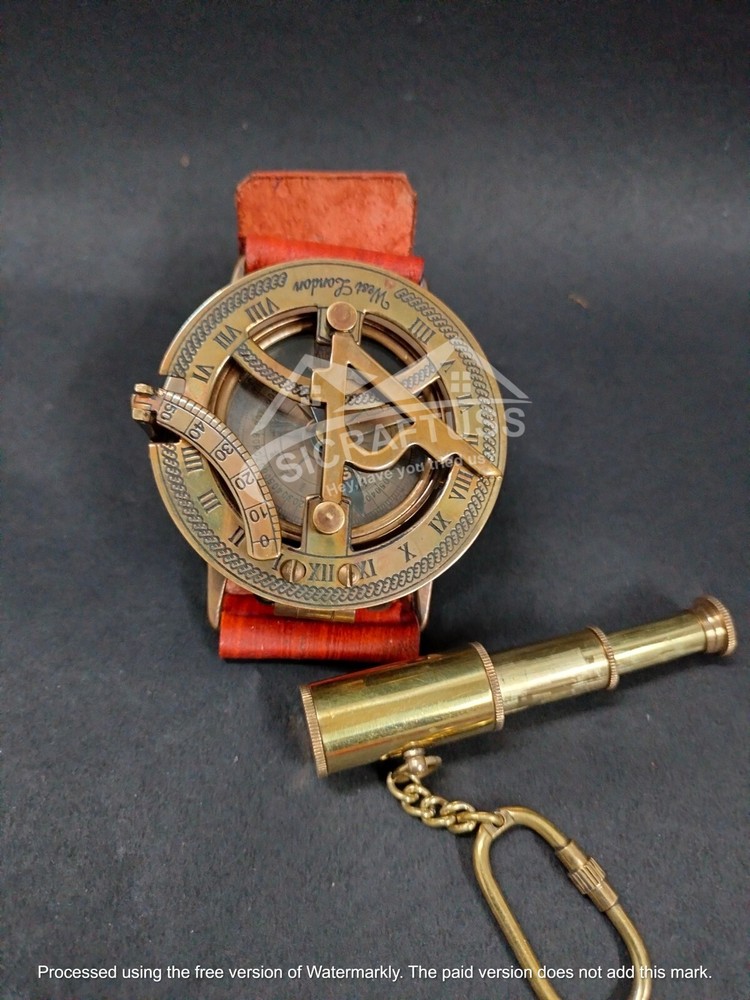 Brass Sundial Compass Wrist Band/Real Leather Band/Wrist Compass Free Keychain