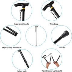 Folding Lightweight Walking Stick – Adjustable Aluminum Metal Collapsible Travel