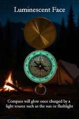 Glow in the Dark Brass Pocket Compass – Waterproof Navigation Tool for Camping,