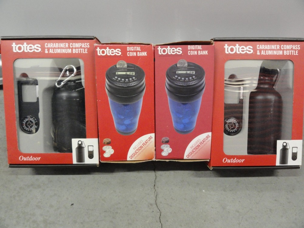 Lot of (4) Brand New Totes, Carabiner Compass Aluminum Bottle, Digital Coin Bank
